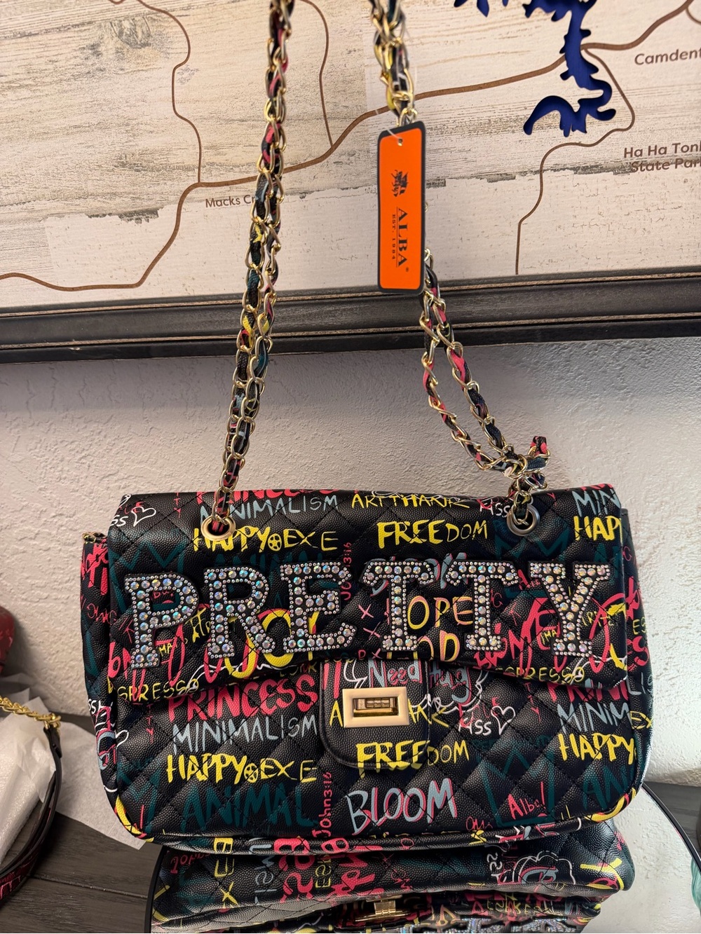 New Alba Quilted Graffiti Shoulder Bag in Black Multi